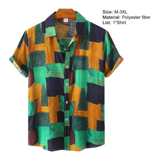 Men Shirt Vintage Style Geometric Print Colorful Turn-down Collar Summer Top Male Garment