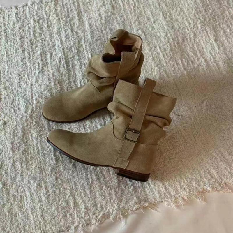 Vintage Cowhide Wrinkled Slouch Ankle Boots - Korean Style Western Cowboy Riding Boots for Women