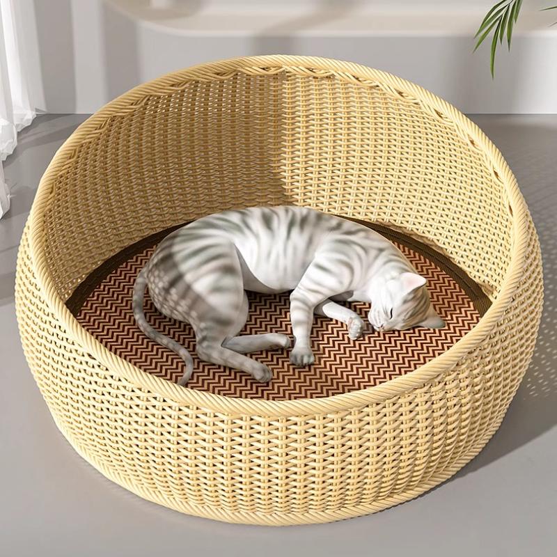 Imitation Rattan Cat House All Season Semi-Enclosed Pet Shelter Breathable Summer Cat Cave Cozy Woven Kittens Bed for Indoor
