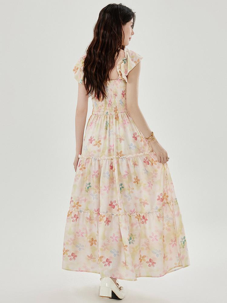 Robe débardeur amincissante à col carré français et manches bouffantes pour femme avec jupe midi florale d'été