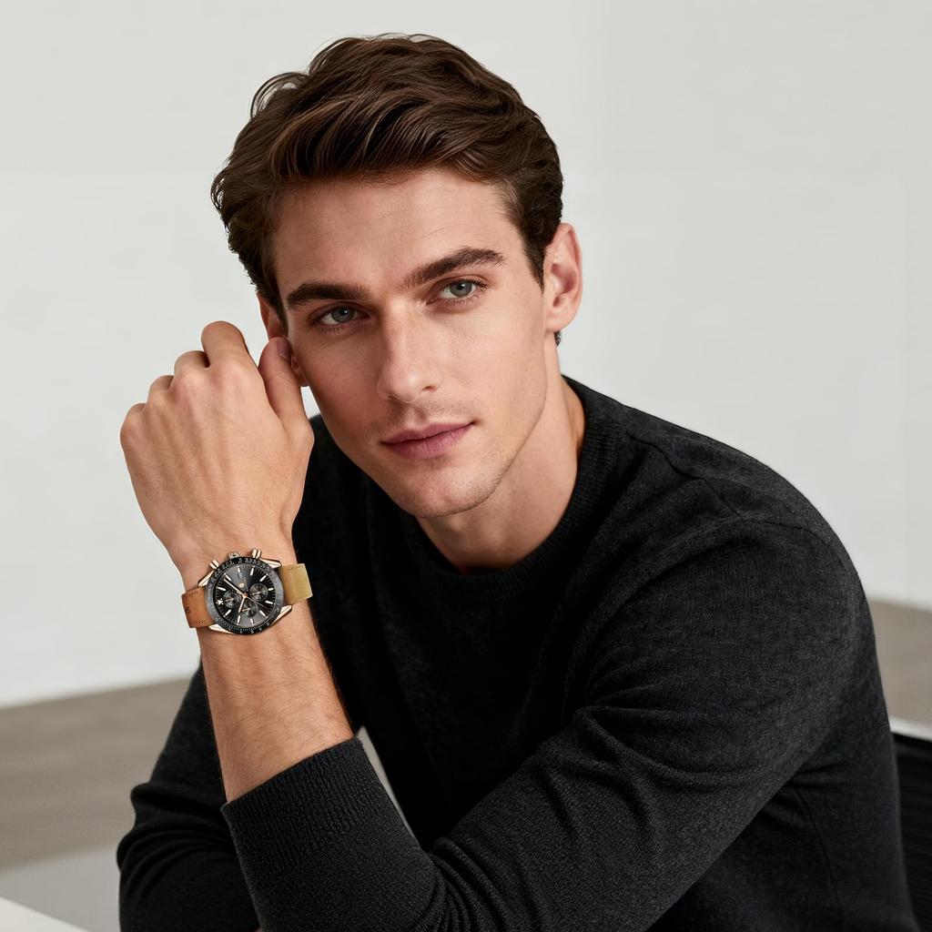 BENYAR Heren Kwarts Chronograaf Duikershorloge, Leren Band, 3 ATM Waterbestendigheid, Tachymeter