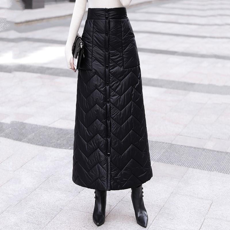 Daunen Plus Schwarz Gesteppt Baumwolle Größe Hohe Taille Vintage Frühling Herbst Winter Lässig Locker Lang Für Frau Röcke Damenrock