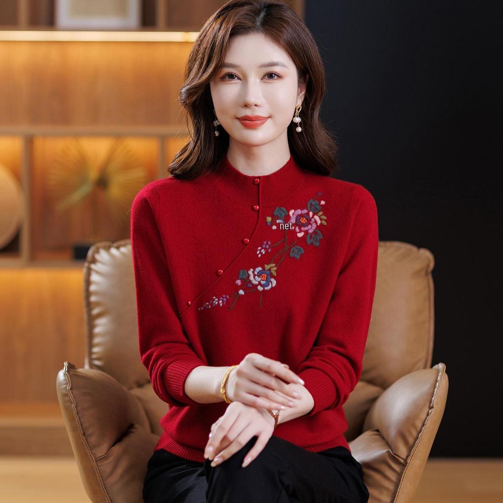 Elegant 100% Wool Embroidered Sweater - Women's Autumn/Winter Half-High Neck Top