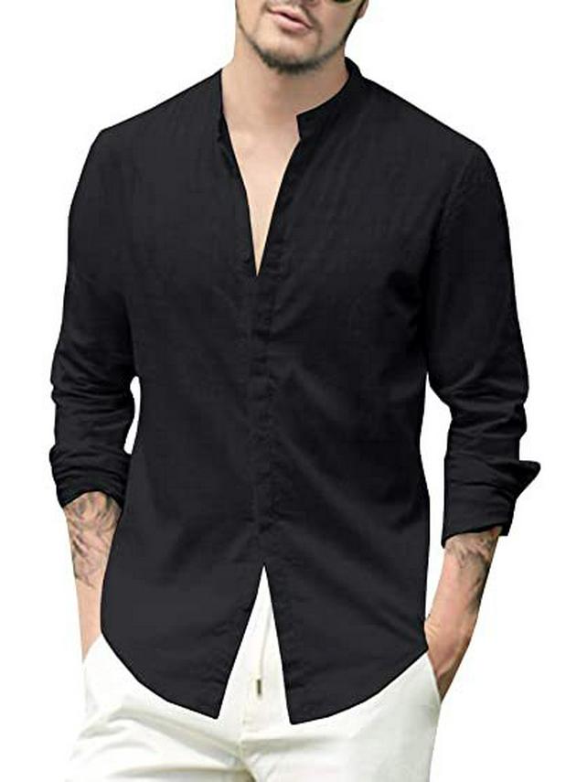 Men's European & American Linen Stand-Up Collar Cardigan Shirt - Solid Color, Long Sleeve, Casual, 2021