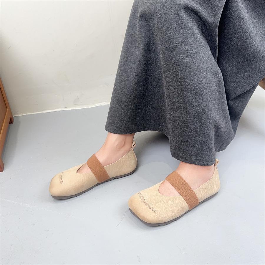 Johnature Flache Schuhe aus Rindsleder mit quadratischer Zehenpartie, Halbschuhe, echtes Leder, weiche Sohle, vielseitige Damenschuhe