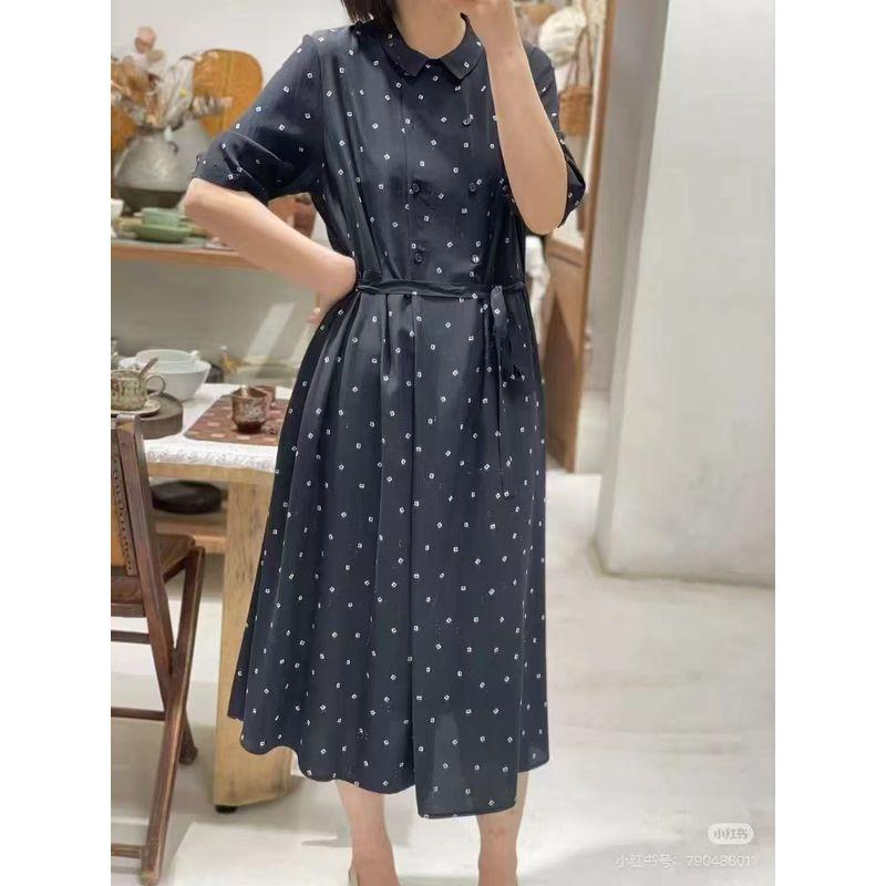 

Elegant Regardless of Age! Women Small Lapel Light Polyester Cotton Scattered over the Knee Length Dress Summer Date Travel Skirt Black L