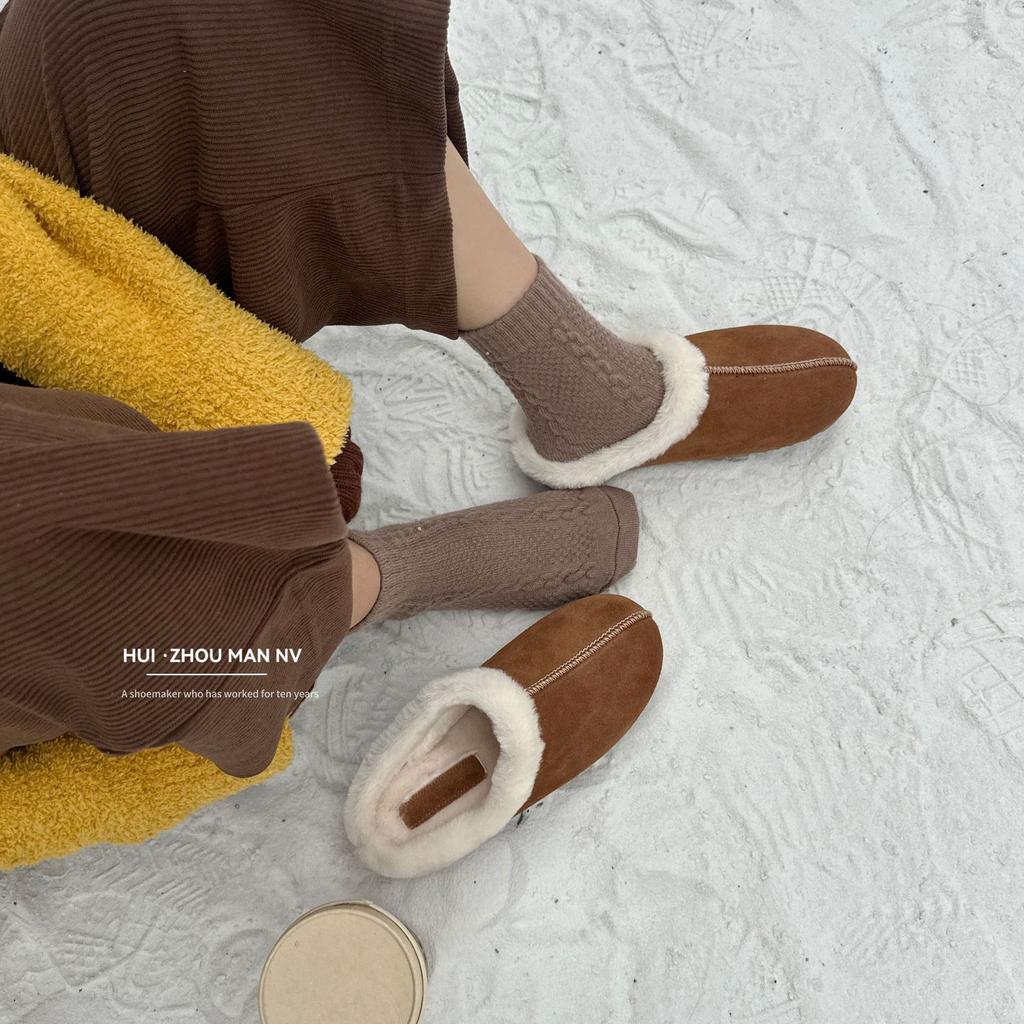Leather Bag Head Thick-soled Muller Shoes for Women's Outer Wear 2025 Winter New One-pedal Boken Half Slippers Thermal Cotton Shoes