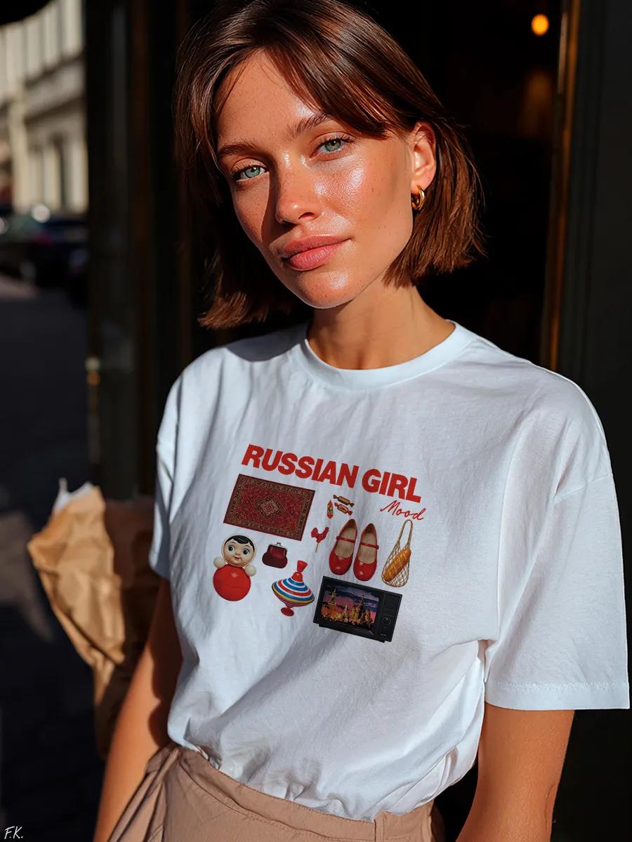 Basic solid oversized T-shirt with Russia girl print S