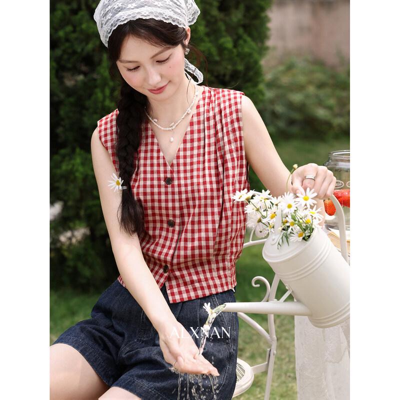 Luxiangnan Starry Plains Plaid V-Neck Camisole Top L