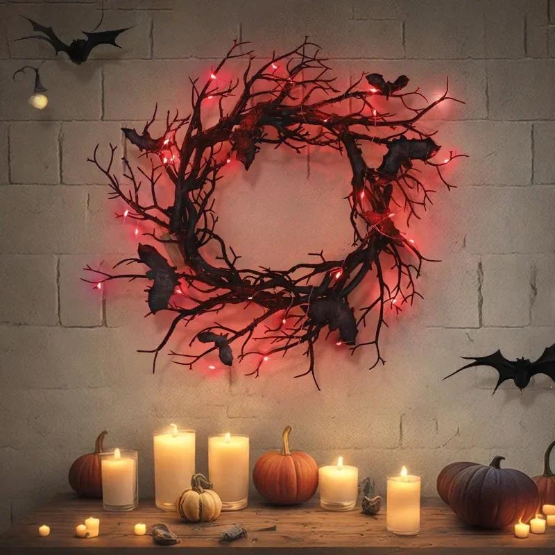 2025 New 45cm Halloween Wreath Bat Black Branch Wreaths With Red LED Light Wreaths For Doors Window Flower Garland Halloween Dec