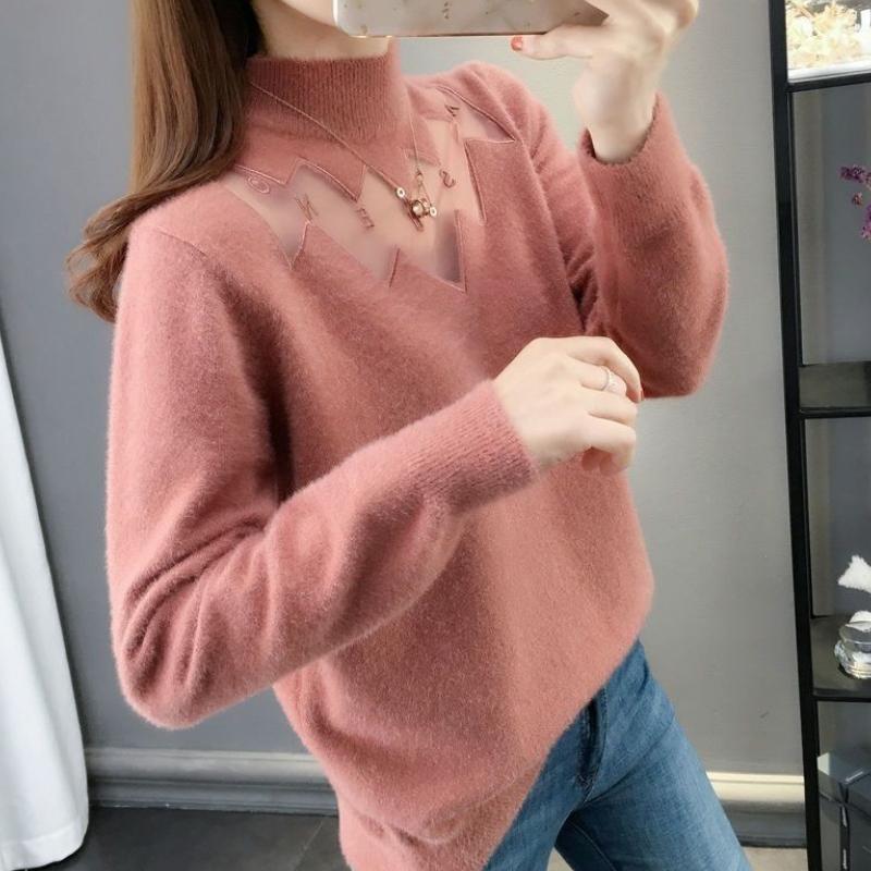 

Водонепроникний светр з хутром норки для весни та осені. Жіночий універсальний одноколірний светр із сітчастою в’язаною основою з напіввисоким коміром 3XL рожевий