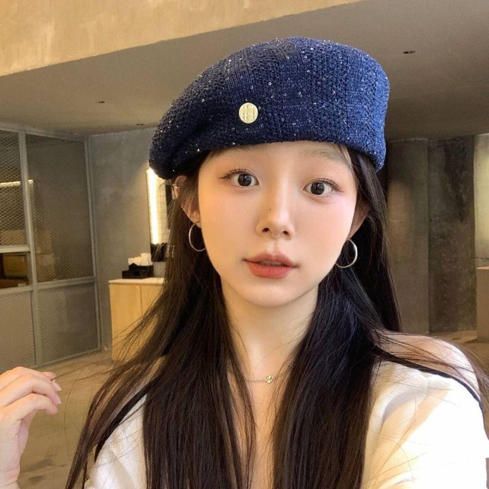 Hollowed Out Weave Hat Breathable Crochet Knitted Cap Cute Sequin Beret Hat  Summer