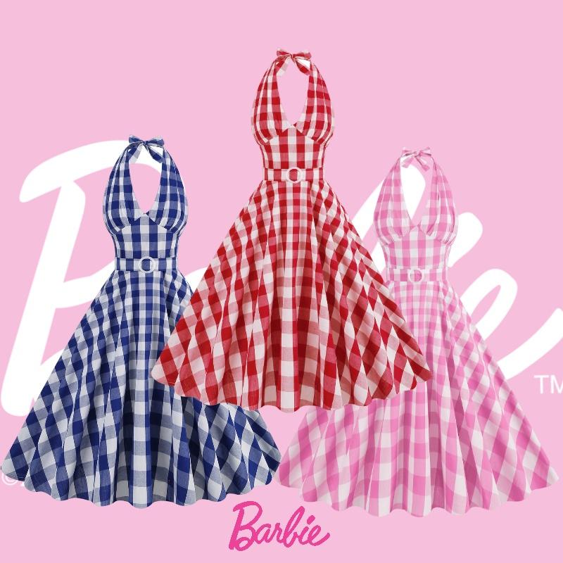 Barbie Death Powder Dream Sexy Deep V Internet Red Pink Checkered Cotton Flowing Explosion Street Sister Retro Party Dress
