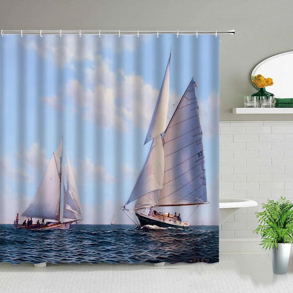Sailboat Ocean Scenery Bathroom Shower Curtains Oil Painting Landscape Waterproof Bath Curtain Bathtub Decor Cloth Set With Hook