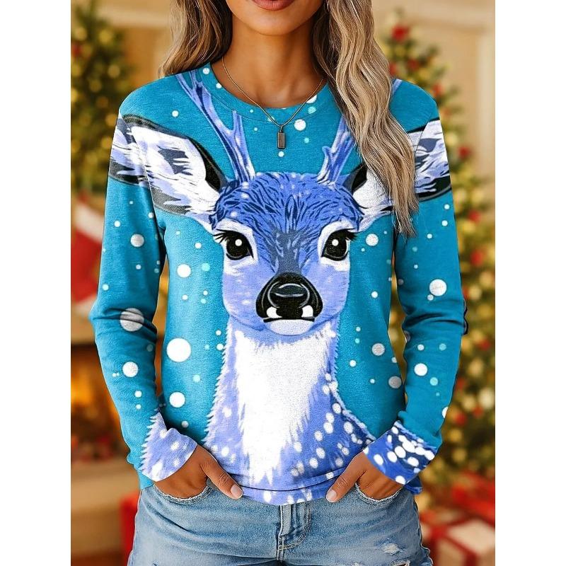 Women's Vintage Reindeer Print Long Sleeve T-shirts Christmas Party Round Neck Holiday Gift Top Fall Winter Festive Style