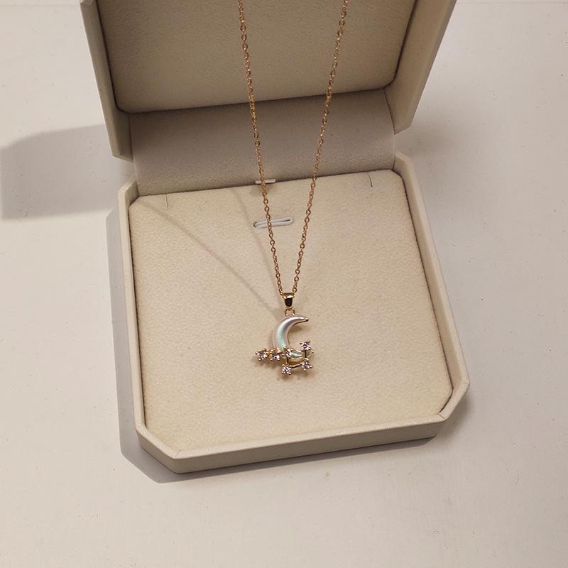 18K Gold-Plated Titanium Steel Women's Necklace with Zircon Moon Pendant