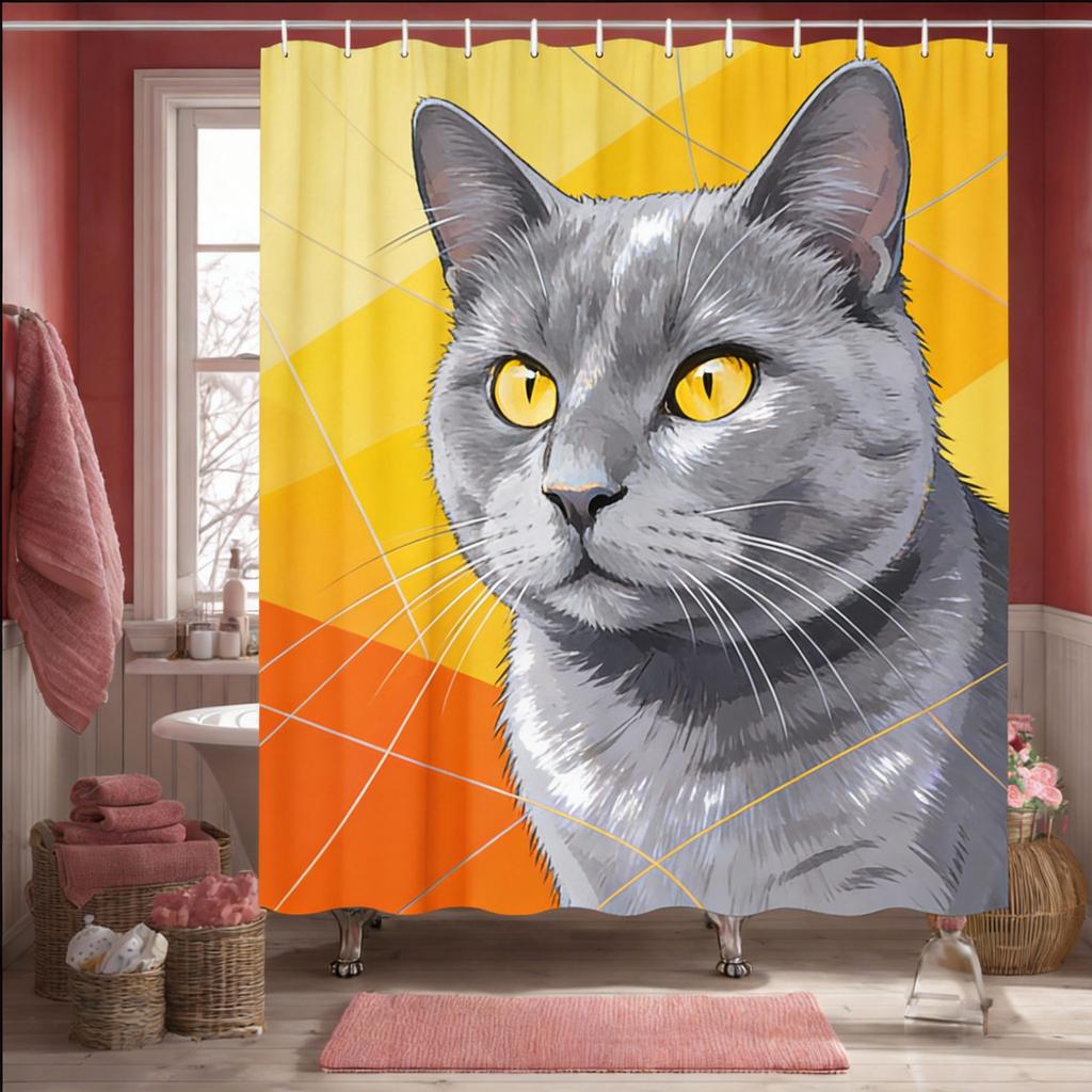 Artistic Black Cat Shower Curtain 1pc – Painted Style with Vibrant Colors, Cute Pet-Themed Bath Curtain for Home and Cat Lovers