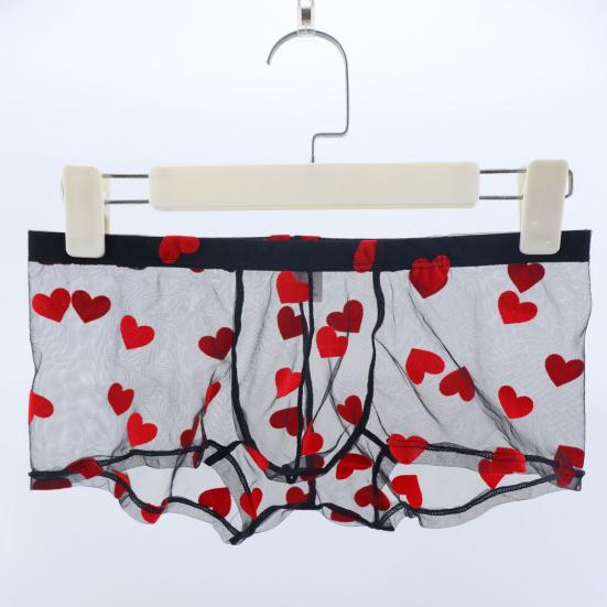 Men Boxer Underwear Elastic Mid-rise Perspective Hollow Mesh Design Boxer Briefs Heart Pattern Underwear Anniversary Gift