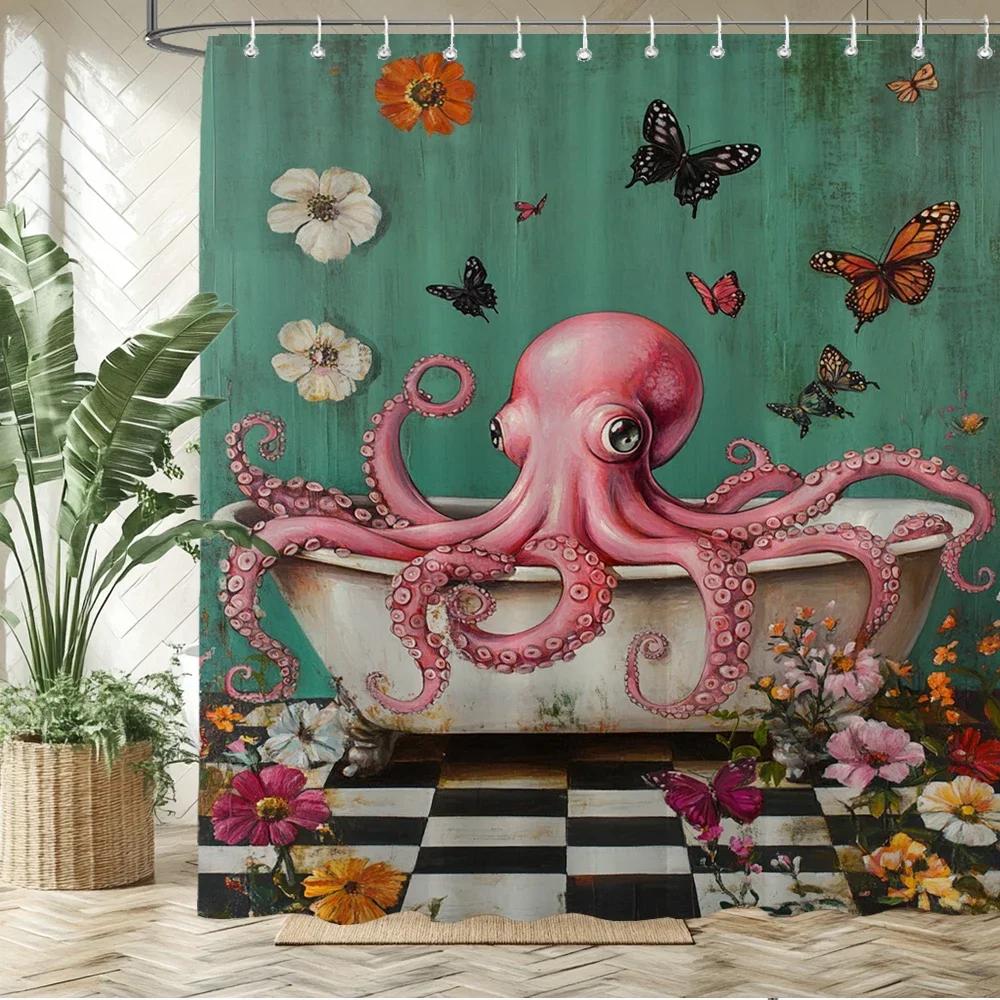 Lovely Creative Octopus Pattern Print Fabric Shower Curtain Bathroom Curtain,floral Octopus Home Decor Curtain with Hooks