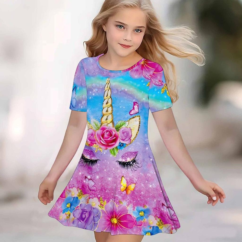 Girls 3D Print Dresses Kids Girl Party Short Sleeve Princess Dress Tank 3D  Interesting Cartoon  Print Dress
