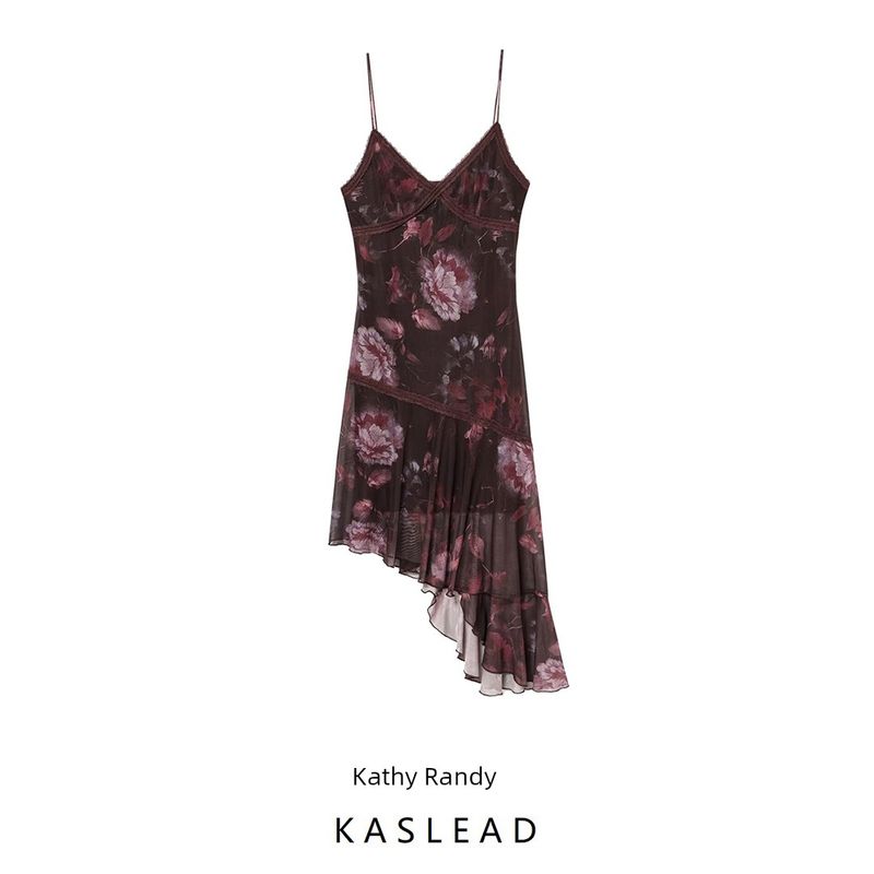 Kaslead New Women clothes Western Style Fashion Lace V-neck Print Sling Irregular Dress