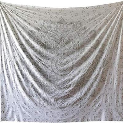 Indian Traditional Mandala Hippie Wall Hanging, Cotton Tapestry Ombre Bohemian Bedspread (Grey/Silver Flower)