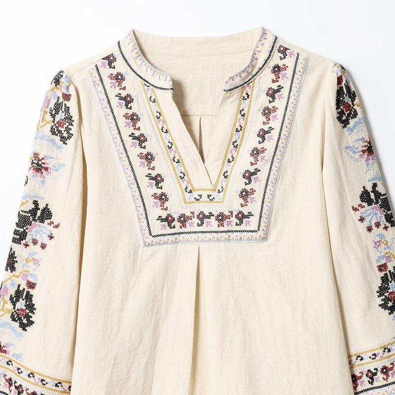 Kaslead New Women Clothes Western Style Fashion Simple French Style V-neck Heavy Industry Embroidery Shirts
