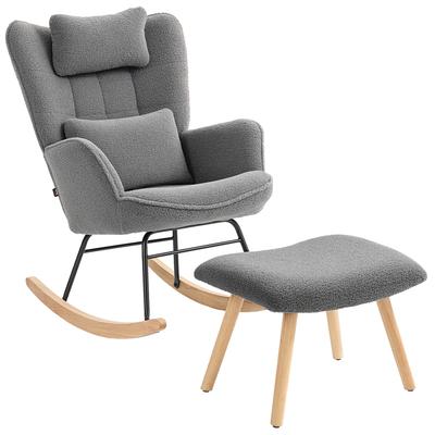 Rocking Chair with Footstool, Soft Fleece Cover, Wooden Legs, Cushion, High Backrest, Rocking Armchair, Dark Grey