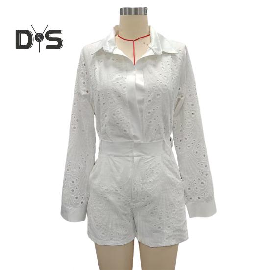 Women's Summer Eyelet Two Piece Outfit Long Sleeve Button Down Shirt with High Waist Shorts Casual Lounge Matching Suit