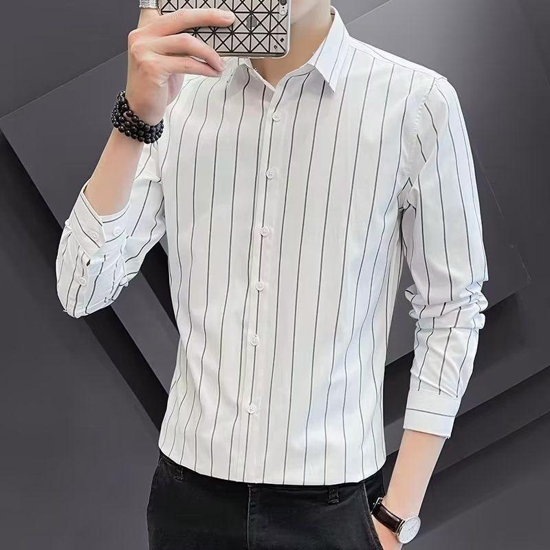New Shirt Wrinkle Resistant and Iron Free Men's Long Sleeve Luxurious and Comfortable Lapel Slim Spring and Autumn Plaid Print