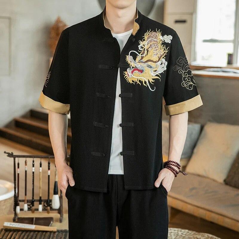 

Мужская рубашка с коротким рукавом с вышивкой Golden Dragon Xiangyun, мужская рубашка контрастного цвета в стиле ретро, ​​однобортный повседневный топ с воротником-стойкой XXXXXL чёрный