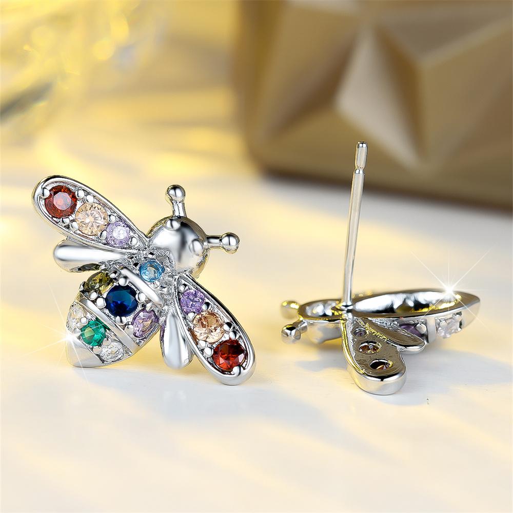 Rainbow Crystal Zircon Cute Small Bee Animal Stud Earrings For Women Vintage Silver Color Wedding Earring Valentine Jewelry Gift
