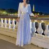 Fashion V-neck Long-sleeved Shirt Temperament Elegant Waist Thin Sequins Wide-leg Dresses