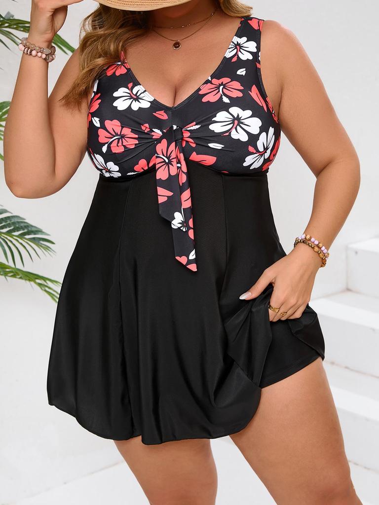 2026 Damen Blumenmuster Schwarz Rückenfrei Schlankmachend Übergröße Badeanzug mit Schlitz