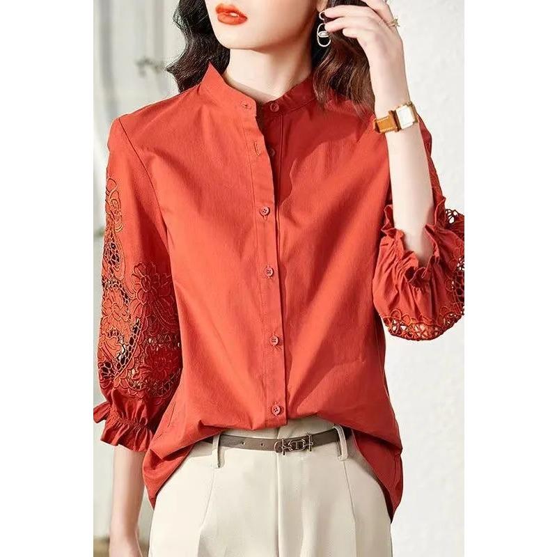 

Red Heavy Embroidery Shirt Women s Design Niche Summer Stand Collar Commuting Style Shirt Three-quarter Sleeve Top S красный