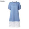 ZANZEA Women Casual Round Neck Lace Splice Hen Summer Short Sleeve Dress