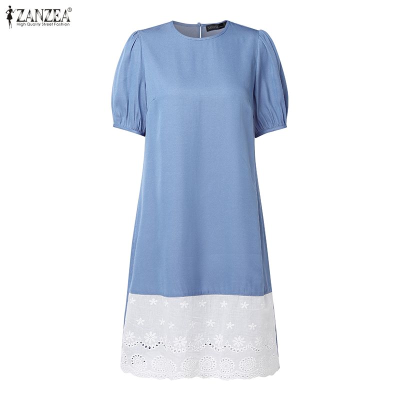 ZANZEA Women Casual Round Neck Lace Splice Hen Summer Short Sleeve Dress
