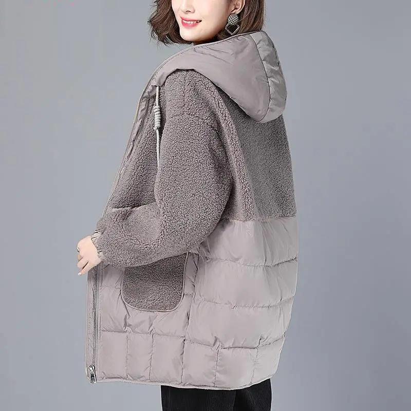 Down Cotton Jacket Women 2022 Winter New Korean Fashion Loose Casual Padded Coat Large Size Hooded Imitation Lamb Wool Outerwear