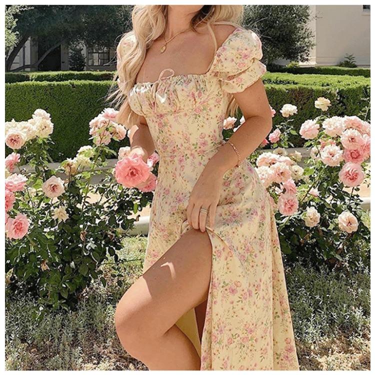 Fashionable and Versatile Summer Printed French Floral Backless Slimming Halter Slit Dress for Women
