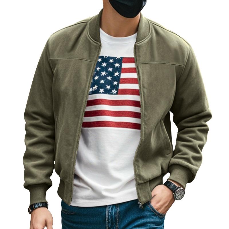 Foreign trade spring and autumn suede solid color men's zipper jacket casual retro long-sleeved cardigan jacket men