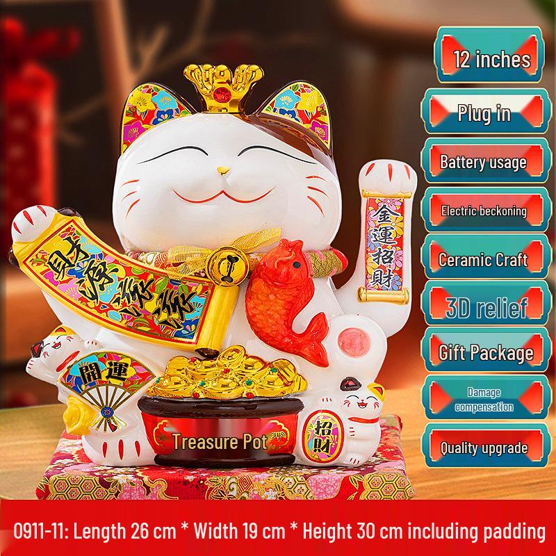 Medium Ceramic Lucky Cat Figurine with Electric Waving Paw - Prosperity Charm for Shops and Gifts