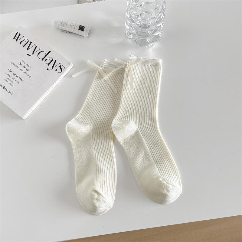 Socks Women'S Solid Color Bow Women'S Socks Double Needle Draw Strips Versatile Stack Of Socks Trendy Gray Socks