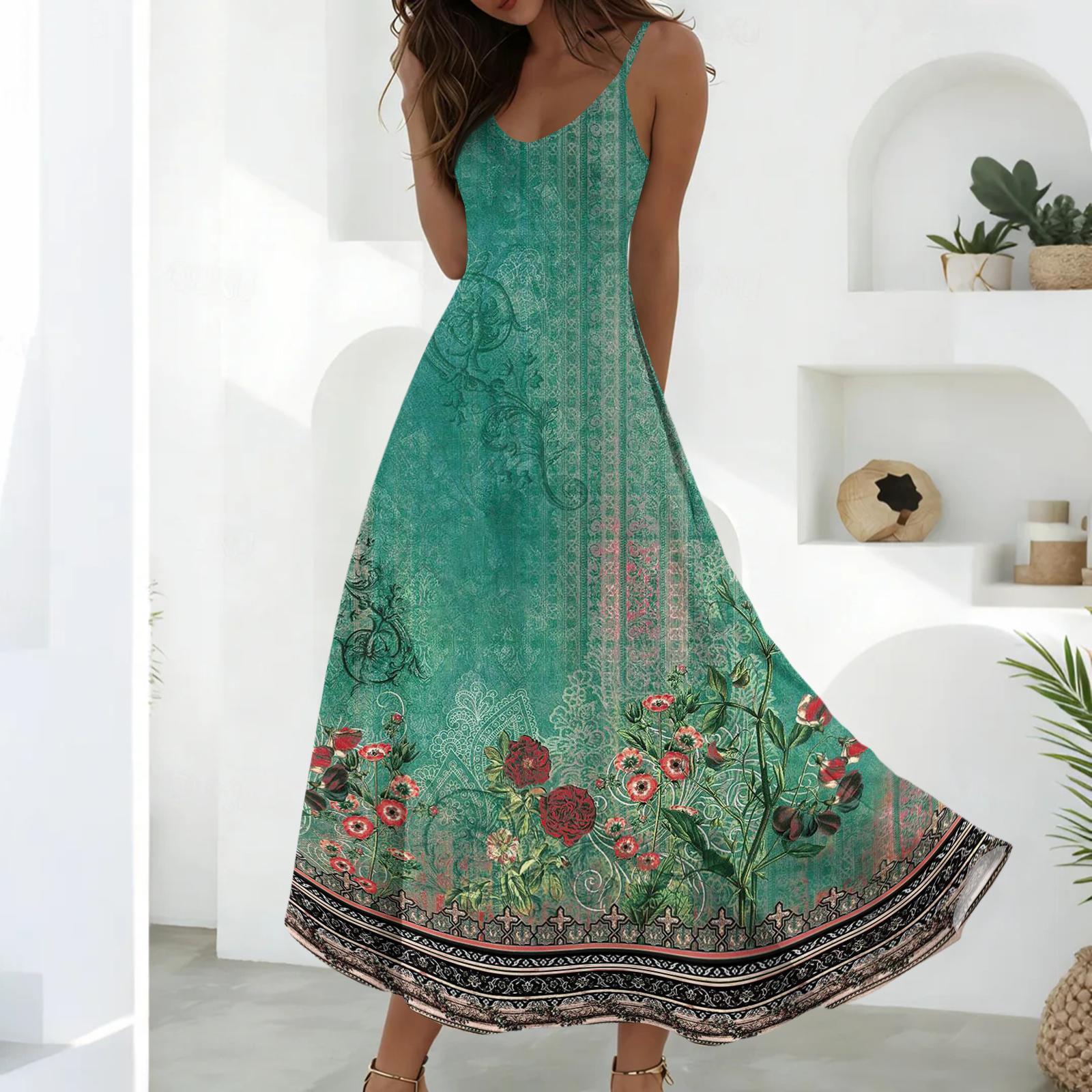 Women Sleeveless V Neck Maxi Dress Floral Geometric Print Summer Long Dress Lightweight Spaghetti Strap Casual Sundress S зелёный