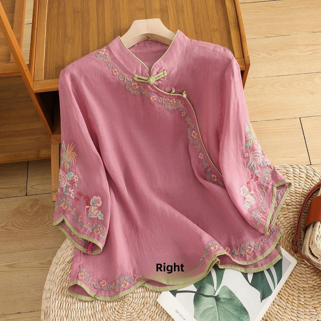 Summer Women's Artistic Vintage Embroidery Slimming Cotton Linen Women's Top with Button Color Block Sleeveless Shirt