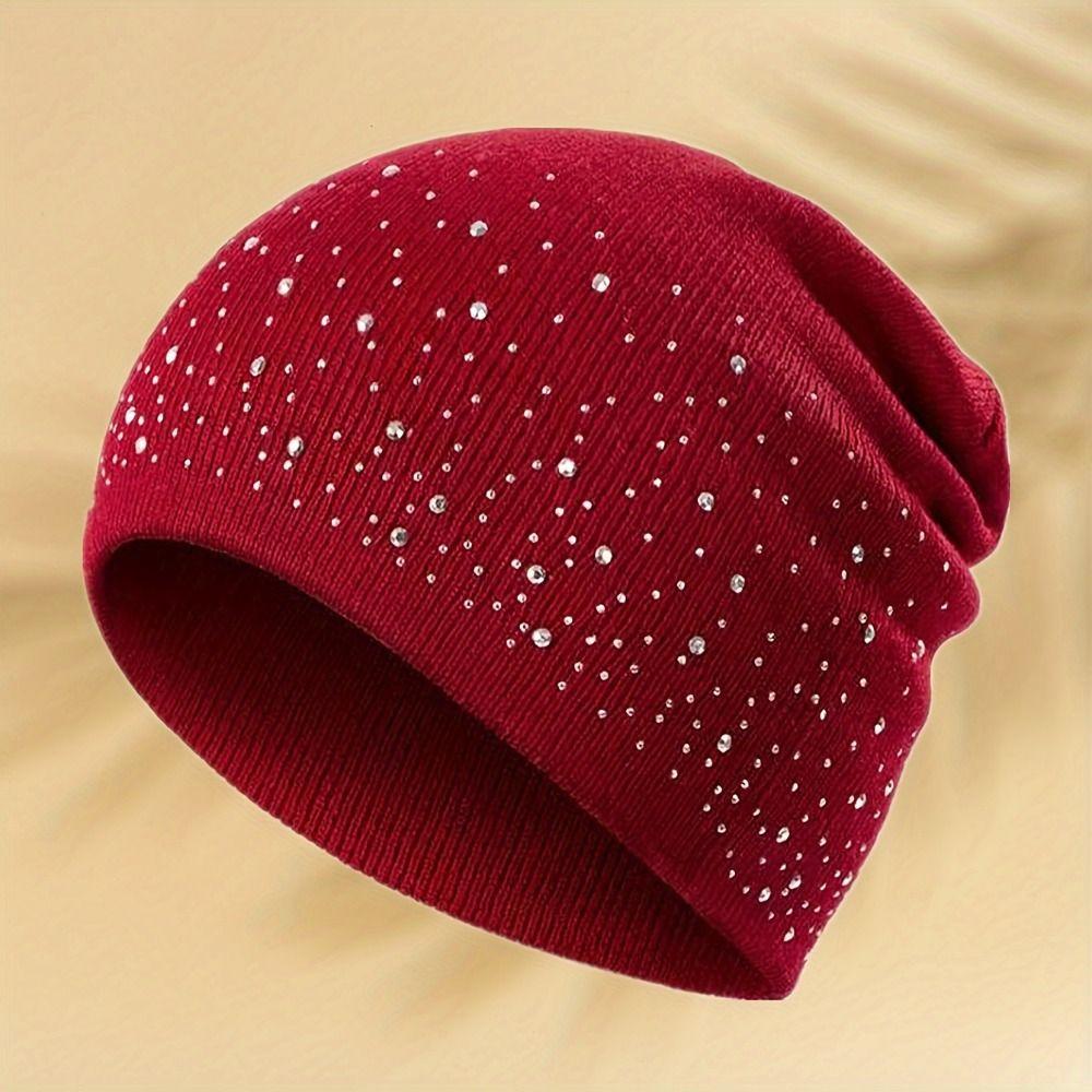 Shiny Rhinestone Decor Pullover Beanie Coldproof Winter Fall Hat Knitted Hat Daily Winter Wear