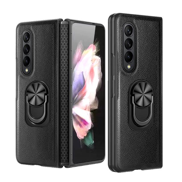Luxury Leather Ring Holder Hinge Protector Full Protection Phone Cover For Samsung Galaxy Z Fold 4 Case Shockproof Kickstand