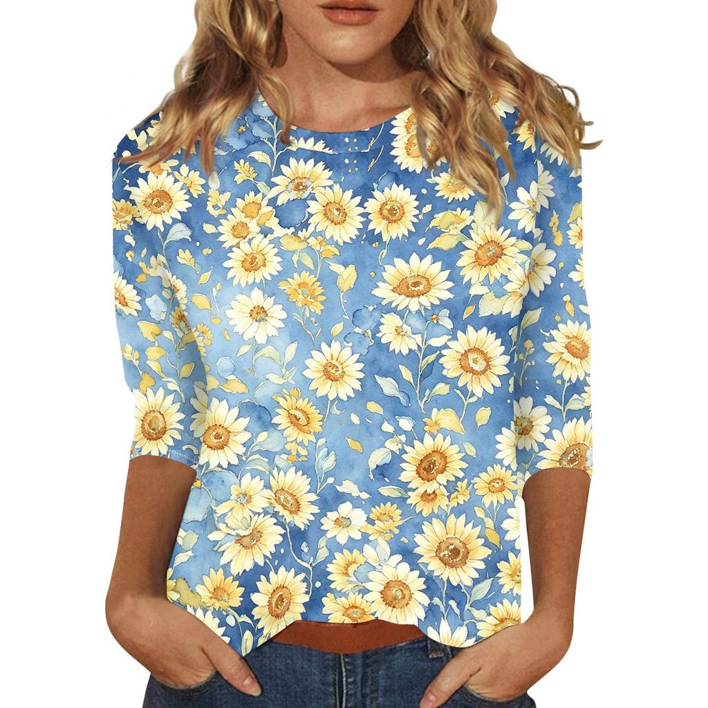 Women's Casual 3/4 Sleeve Floral Print Round Neck Top Lightweight Comfortable Fit Soft Fabric Blouse for Everyday Wear