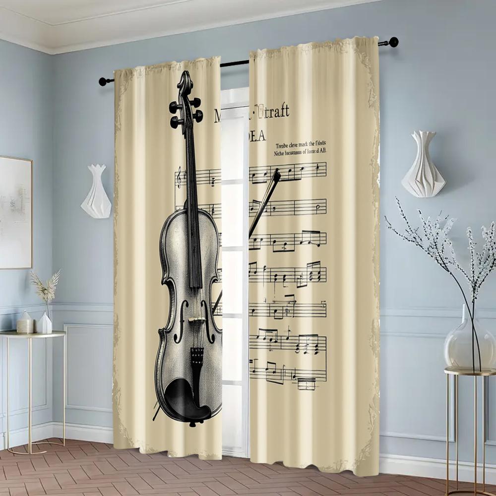 2pcs   Curtain Set Classic Violin & Sheet Music Design Machine Washable Polyester (without rod) Versatile All for Bedroom   Living