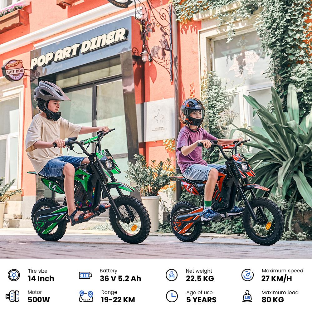 A14 Dětská ELEKTRICKÁ DIRT BIKE 14 palců 500W Motor 36V5.2Ah Baterie Dojezd 20-22 km Tlumení nárazů, Bluetooth LED světla
