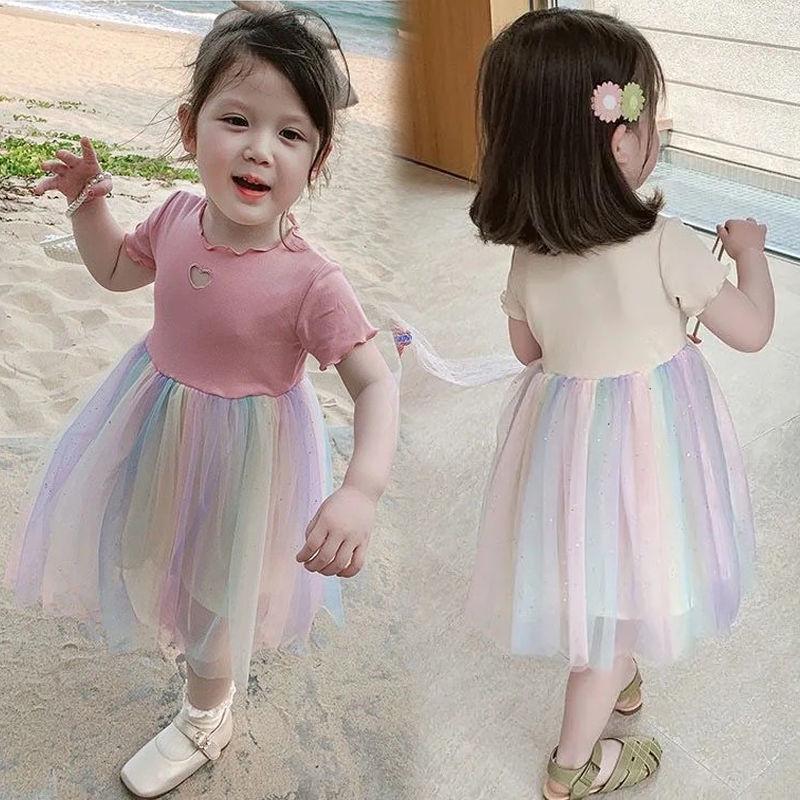 2026 Girls' Korean-Style Rainbow Princess Dress: Trendy Summer Gauze Skirt